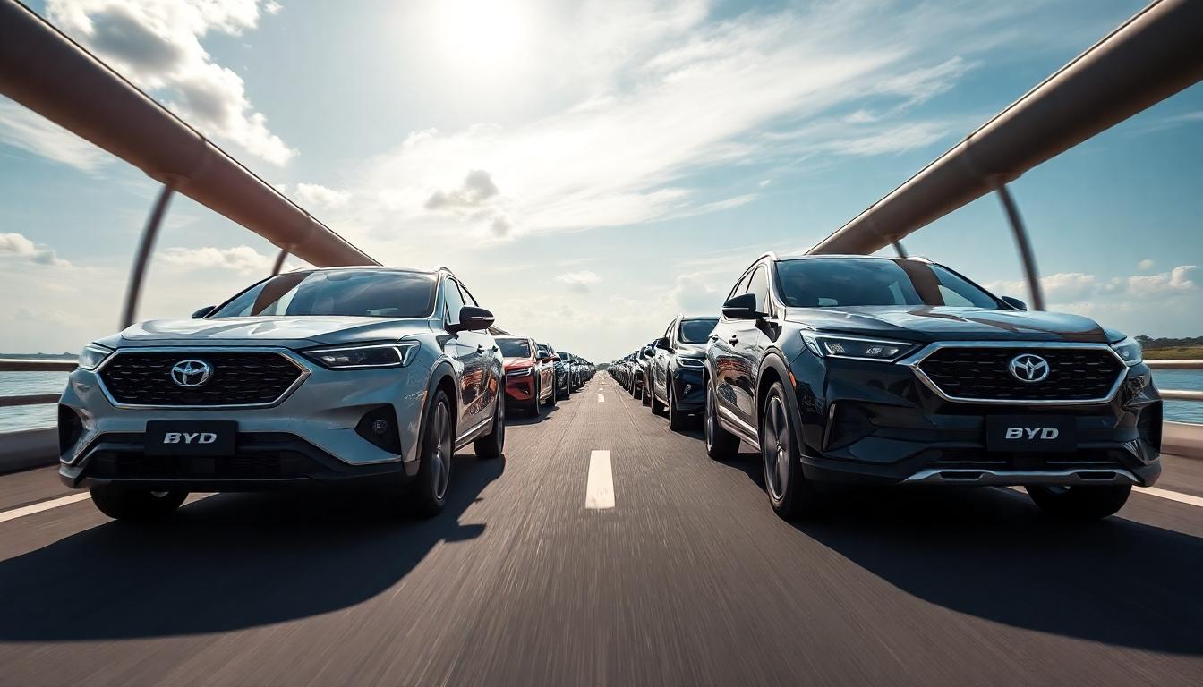 Navio cargueiro da BYD descarregando veículos elétricos no porto brasileiro